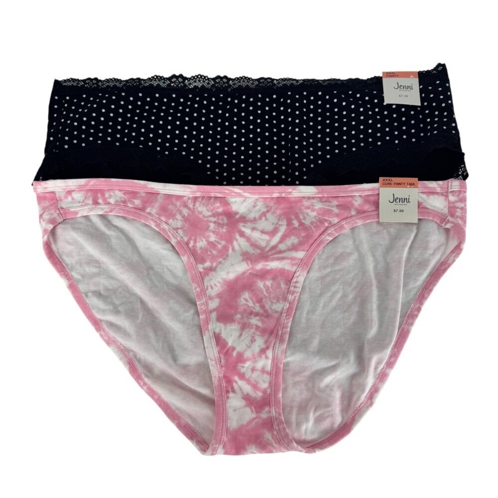 Jenni Intimates NEW Lot of 2 XXXL Panties Black White Polka Dots Pink Tie Dye